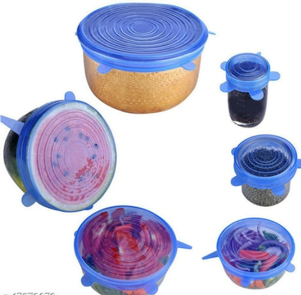 6Pcs Silicone Stretch Preserve Pot Bowl Fruit Lid for Fridge Microwave Food Container Cover - Silicon, Clips & Lids, 6pieces